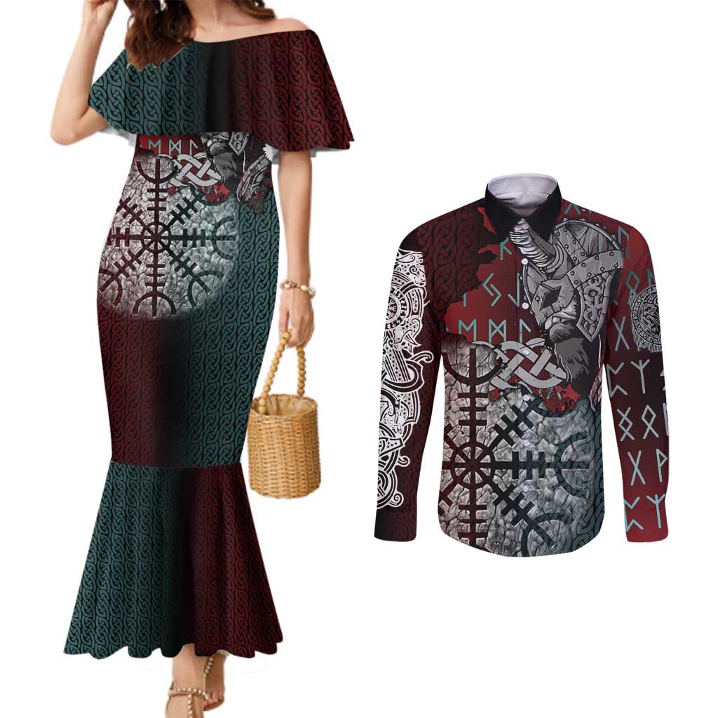 Viking Warrior Couples Matching Mermaid Dress and Long Sleeve Button Shirt with Runes and Blood Battle Scene Norse Valor Tribute - Wonder Print Shop