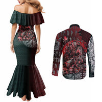 Viking Warrior Couples Matching Mermaid Dress and Long Sleeve Button Shirt with Runes and Blood Battle Scene Norse Valor Tribute - Wonder Print Shop