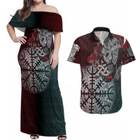 Viking Warrior Couples Matching Off Shoulder Maxi Dress and Hawaiian Shirt with Runes and Blood Battle Scene Norse Valor Tribute - Wonder Print Shop