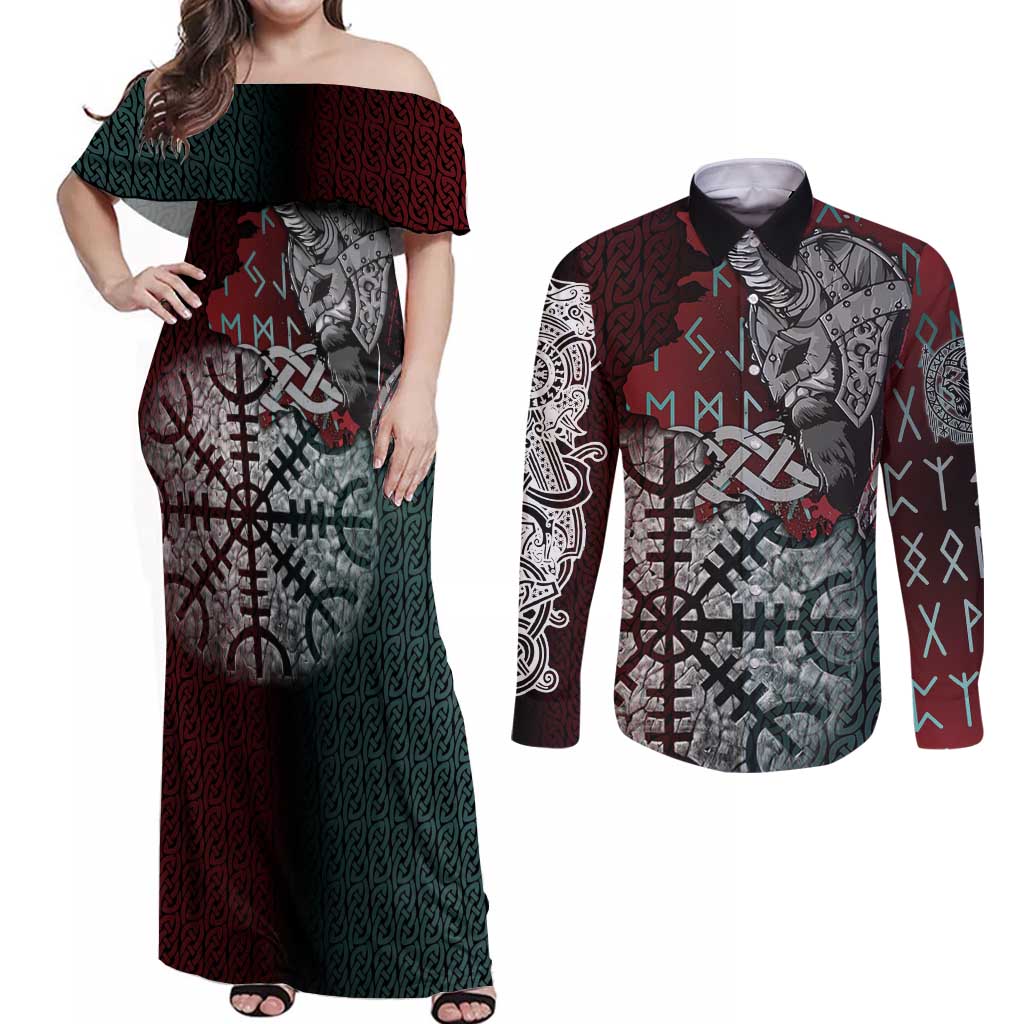 Viking Warrior Couples Matching Off Shoulder Maxi Dress and Long Sleeve Button Shirt with Runes and Blood Battle Scene Norse Valor Tribute - Wonder Print Shop