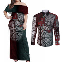 Viking Warrior Couples Matching Off Shoulder Maxi Dress and Long Sleeve Button Shirt with Runes and Blood Battle Scene Norse Valor Tribute - Wonder Print Shop