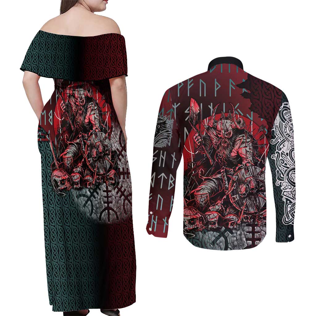 Viking Warrior Couples Matching Off Shoulder Maxi Dress and Long Sleeve Button Shirt with Runes and Blood Battle Scene Norse Valor Tribute - Wonder Print Shop