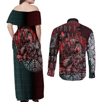Viking Warrior Couples Matching Off Shoulder Maxi Dress and Long Sleeve Button Shirt with Runes and Blood Battle Scene Norse Valor Tribute - Wonder Print Shop