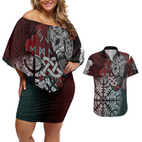 Viking Warrior Couples Matching Off Shoulder Short Dress and Hawaiian Shirt with Runes and Blood Battle Scene Norse Valor Tribute - Wonder Print Shop