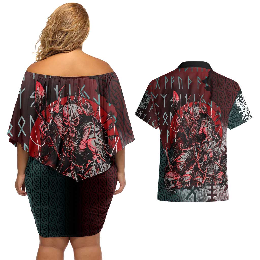 Viking Warrior Couples Matching Off Shoulder Short Dress and Hawaiian Shirt with Runes and Blood Battle Scene Norse Valor Tribute - Wonder Print Shop