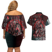 Viking Warrior Couples Matching Off Shoulder Short Dress and Hawaiian Shirt with Runes and Blood Battle Scene Norse Valor Tribute - Wonder Print Shop