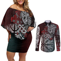 Viking Warrior Couples Matching Off Shoulder Short Dress and Long Sleeve Button Shirt with Runes and Blood Battle Scene Norse Valor Tribute - Wonder Print Shop