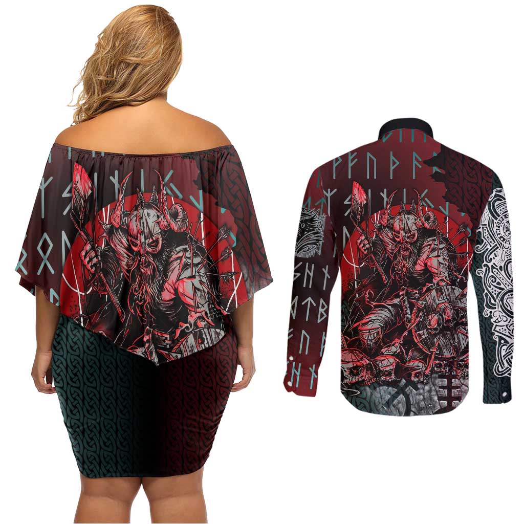 Viking Warrior Couples Matching Off Shoulder Short Dress and Long Sleeve Button Shirt with Runes and Blood Battle Scene Norse Valor Tribute - Wonder Print Shop