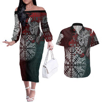 Viking Warrior Couples Matching Off The Shoulder Long Sleeve Dress and Hawaiian Shirt with Runes and Blood Battle Scene Norse Valor Tribute - Wonder Print Shop
