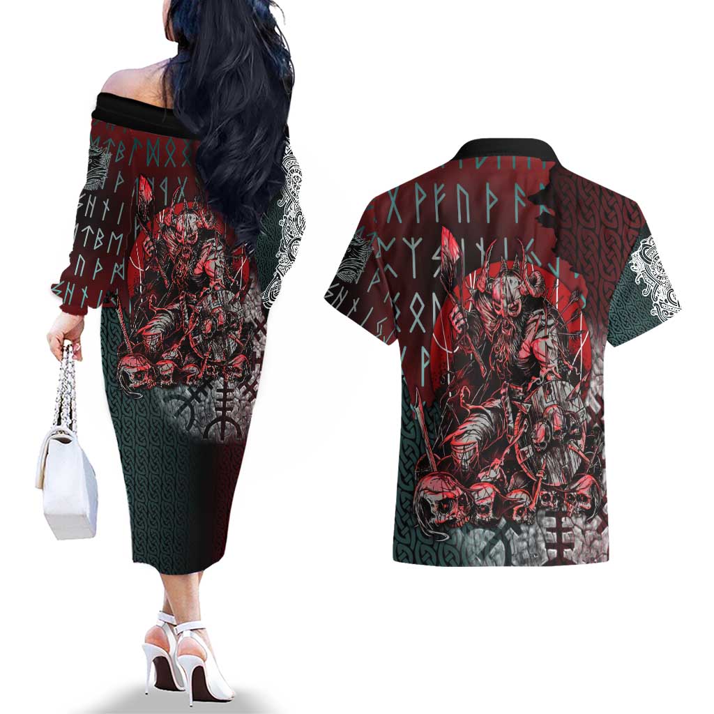 Viking Warrior Couples Matching Off The Shoulder Long Sleeve Dress and Hawaiian Shirt with Runes and Blood Battle Scene Norse Valor Tribute - Wonder Print Shop