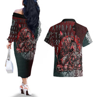 Viking Warrior Couples Matching Off The Shoulder Long Sleeve Dress and Hawaiian Shirt with Runes and Blood Battle Scene Norse Valor Tribute - Wonder Print Shop