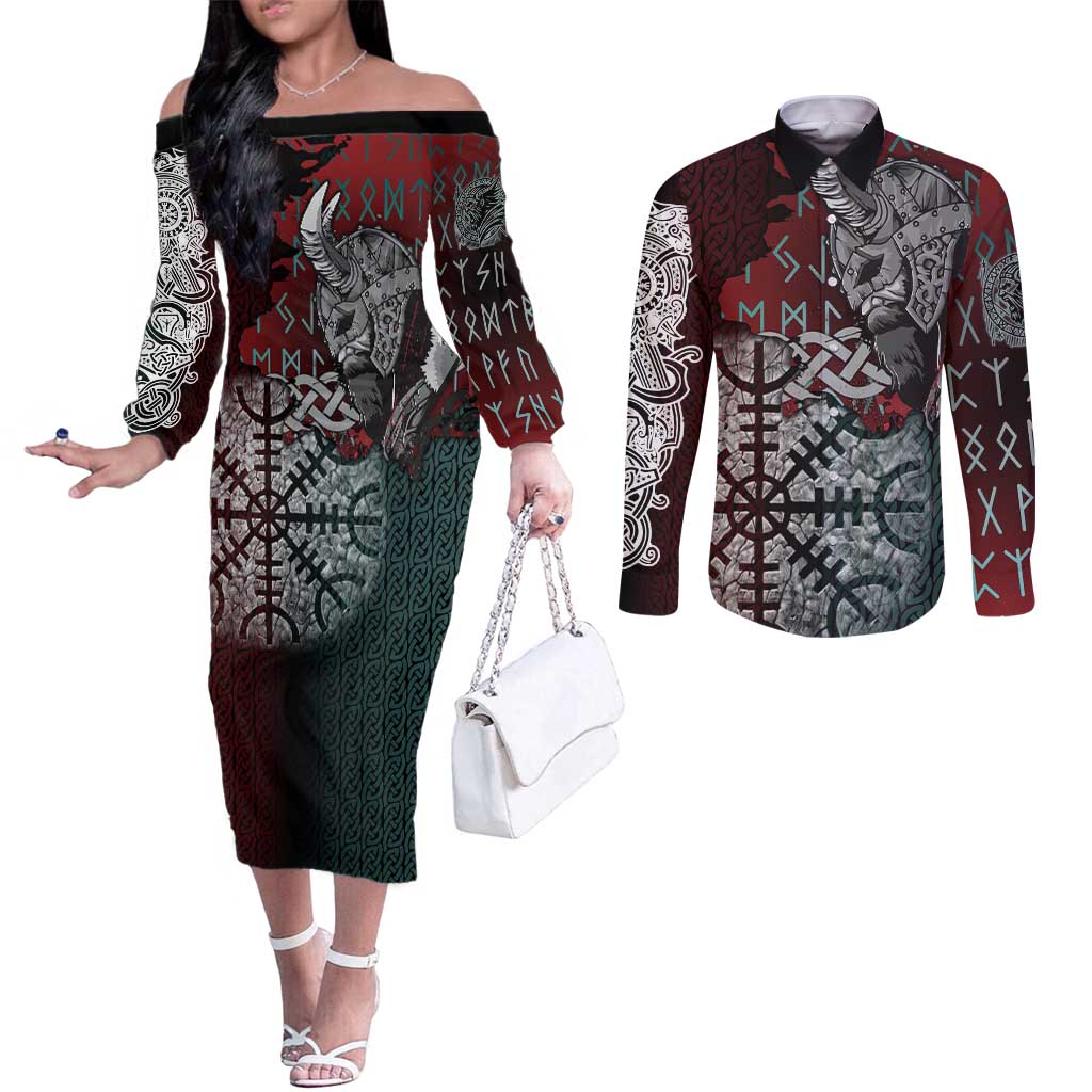 Viking Warrior Couples Matching Off The Shoulder Long Sleeve Dress and Long Sleeve Button Shirt with Runes and Blood Battle Scene Norse Valor Tribute - Wonder Print Shop