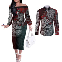 Viking Warrior Couples Matching Off The Shoulder Long Sleeve Dress and Long Sleeve Button Shirt with Runes and Blood Battle Scene Norse Valor Tribute - Wonder Print Shop