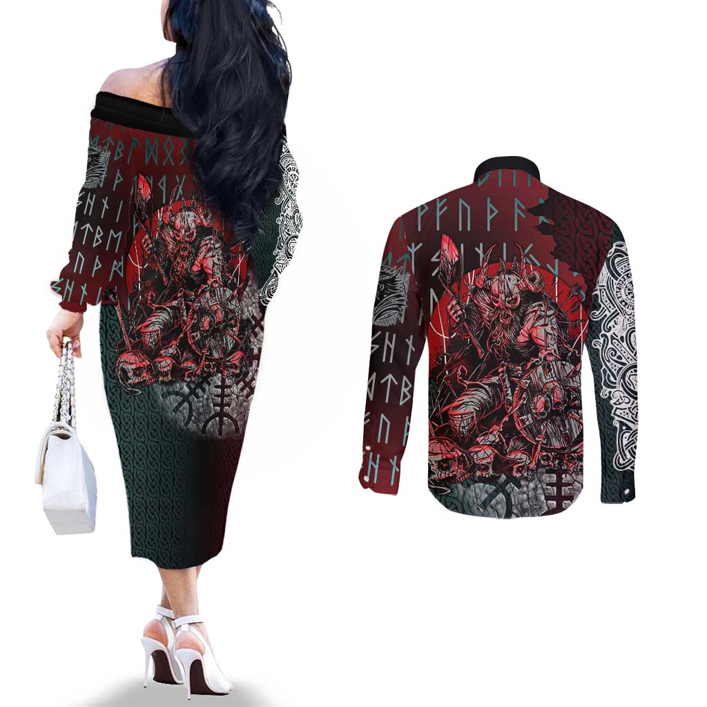 Viking Warrior Couples Matching Off The Shoulder Long Sleeve Dress and Long Sleeve Button Shirt with Runes and Blood Battle Scene Norse Valor Tribute - Wonder Print Shop