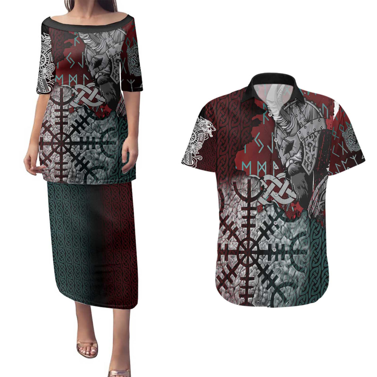 Viking Warrior Couples Matching Puletasi and Hawaiian Shirt with Runes and Blood Battle Scene Norse Valor Tribute - Wonder Print Shop
