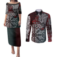 Viking Warrior Couples Matching Puletasi and Long Sleeve Button Shirt with Runes and Blood Battle Scene Norse Valor Tribute - Wonder Print Shop
