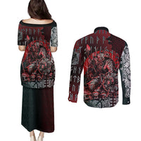 Viking Warrior Couples Matching Puletasi and Long Sleeve Button Shirt with Runes and Blood Battle Scene Norse Valor Tribute - Wonder Print Shop
