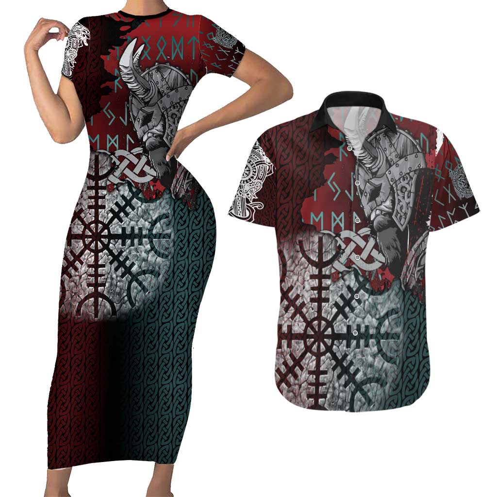 Viking Warrior Couples Matching Short Sleeve Bodycon Dress and Hawaiian Shirt with Runes and Blood Battle Scene Norse Valor Tribute - Wonder Print Shop
