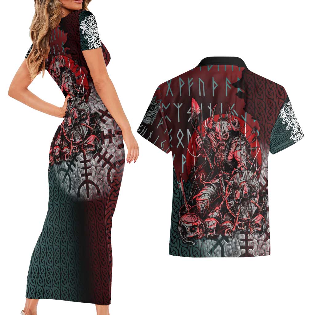 Viking Warrior Couples Matching Short Sleeve Bodycon Dress and Hawaiian Shirt with Runes and Blood Battle Scene Norse Valor Tribute - Wonder Print Shop