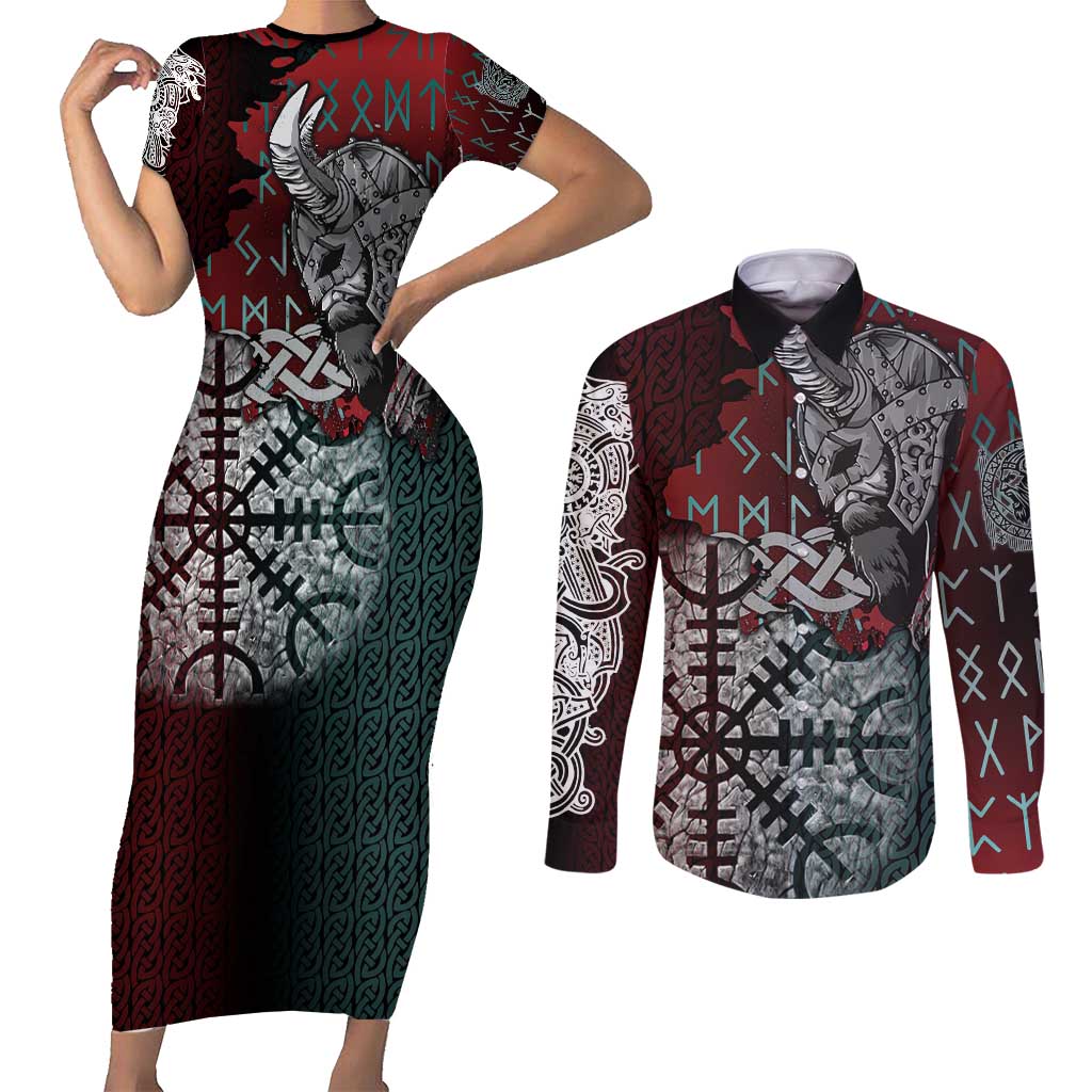 Viking Warrior Couples Matching Short Sleeve Bodycon Dress and Long Sleeve Button Shirt with Runes and Blood Battle Scene Norse Valor Tribute - Wonder Print Shop
