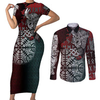 Viking Warrior Couples Matching Short Sleeve Bodycon Dress and Long Sleeve Button Shirt with Runes and Blood Battle Scene Norse Valor Tribute - Wonder Print Shop