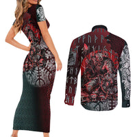 Viking Warrior Couples Matching Short Sleeve Bodycon Dress and Long Sleeve Button Shirt with Runes and Blood Battle Scene Norse Valor Tribute - Wonder Print Shop