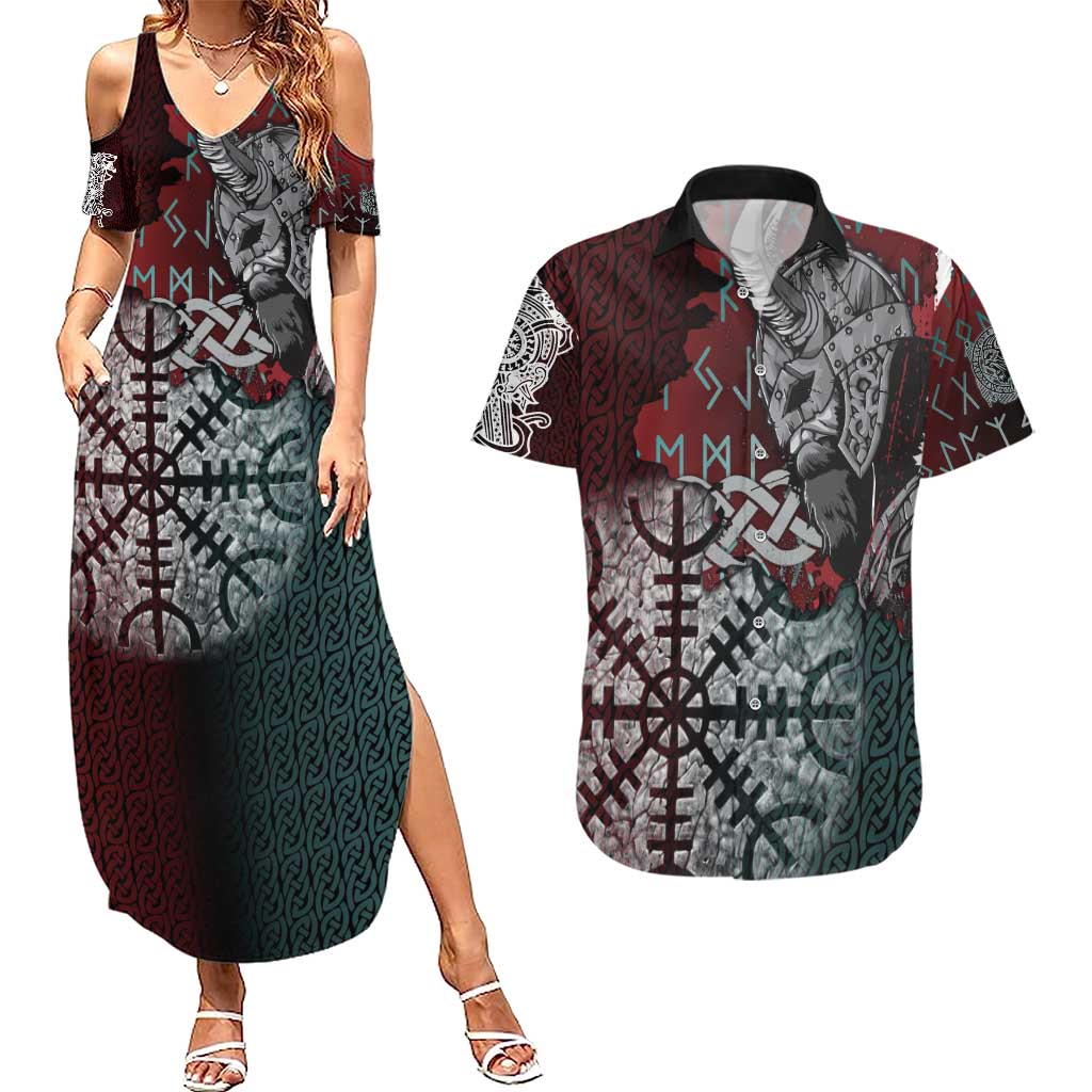 Viking Warrior Couples Matching Summer Maxi Dress and Hawaiian Shirt with Runes and Blood Battle Scene Norse Valor Tribute - Wonder Print Shop