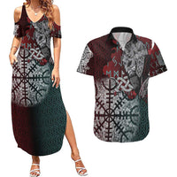 Viking Warrior Couples Matching Summer Maxi Dress and Hawaiian Shirt with Runes and Blood Battle Scene Norse Valor Tribute - Wonder Print Shop