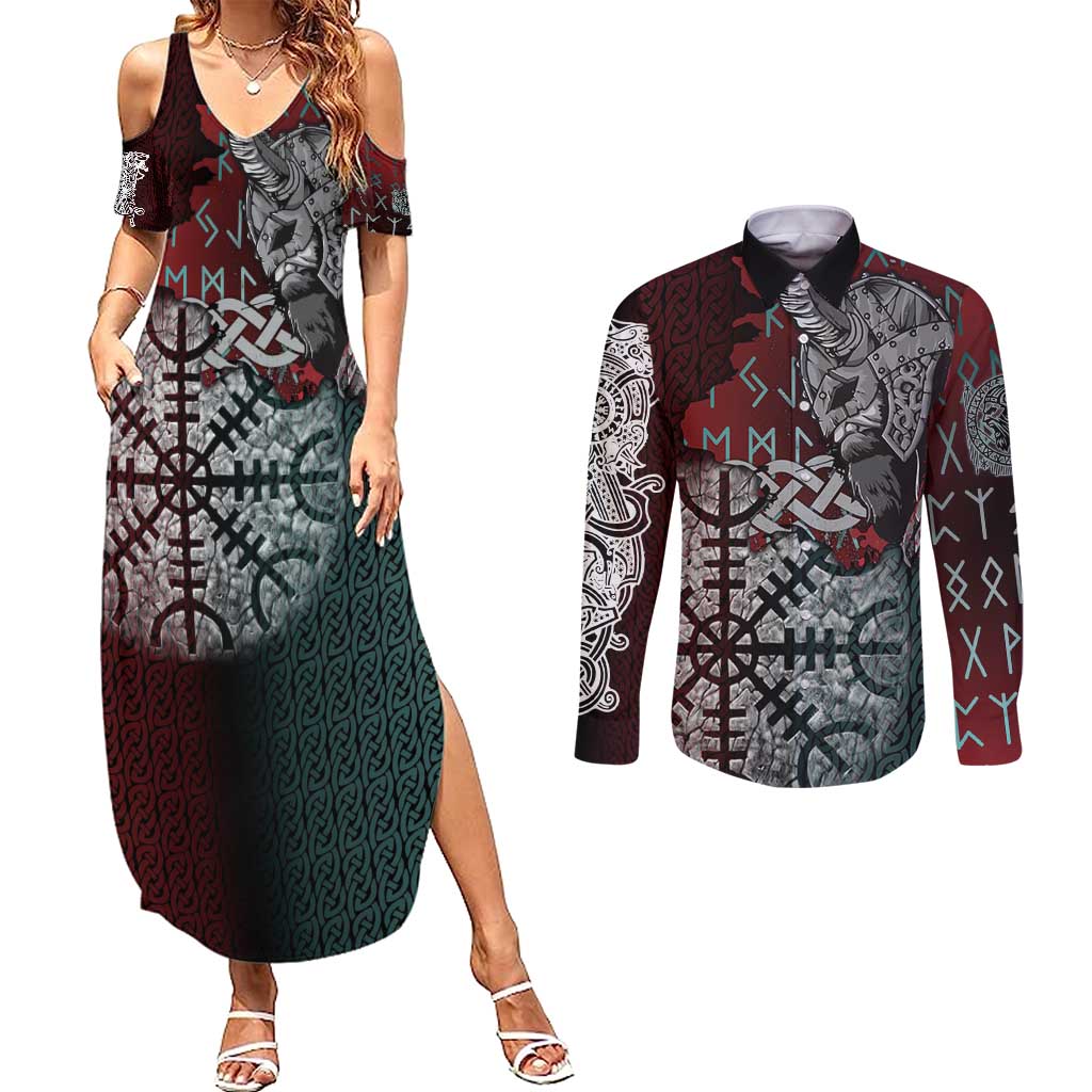 Viking Warrior Couples Matching Summer Maxi Dress and Long Sleeve Button Shirt with Runes and Blood Battle Scene Norse Valor Tribute - Wonder Print Shop