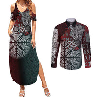 Viking Warrior Couples Matching Summer Maxi Dress and Long Sleeve Button Shirt with Runes and Blood Battle Scene Norse Valor Tribute - Wonder Print Shop