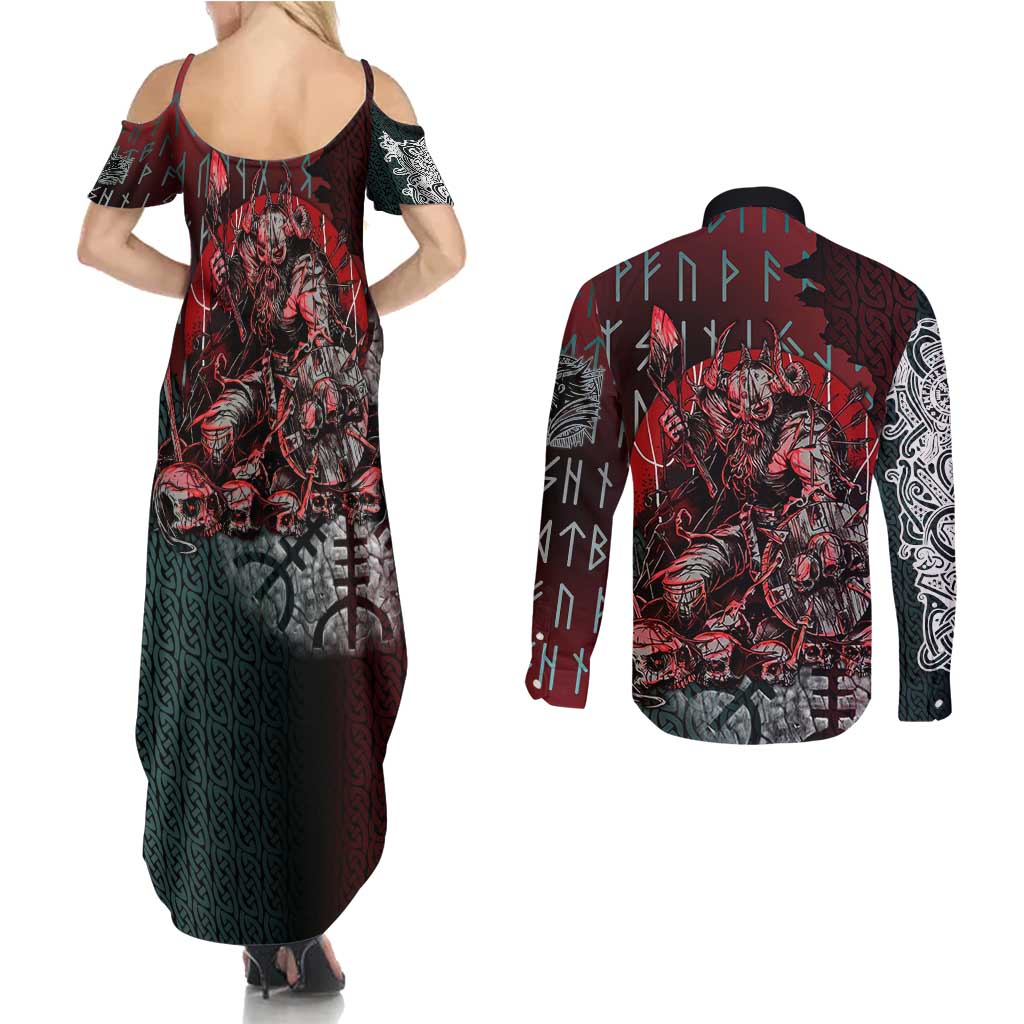 Viking Warrior Couples Matching Summer Maxi Dress and Long Sleeve Button Shirt with Runes and Blood Battle Scene Norse Valor Tribute - Wonder Print Shop