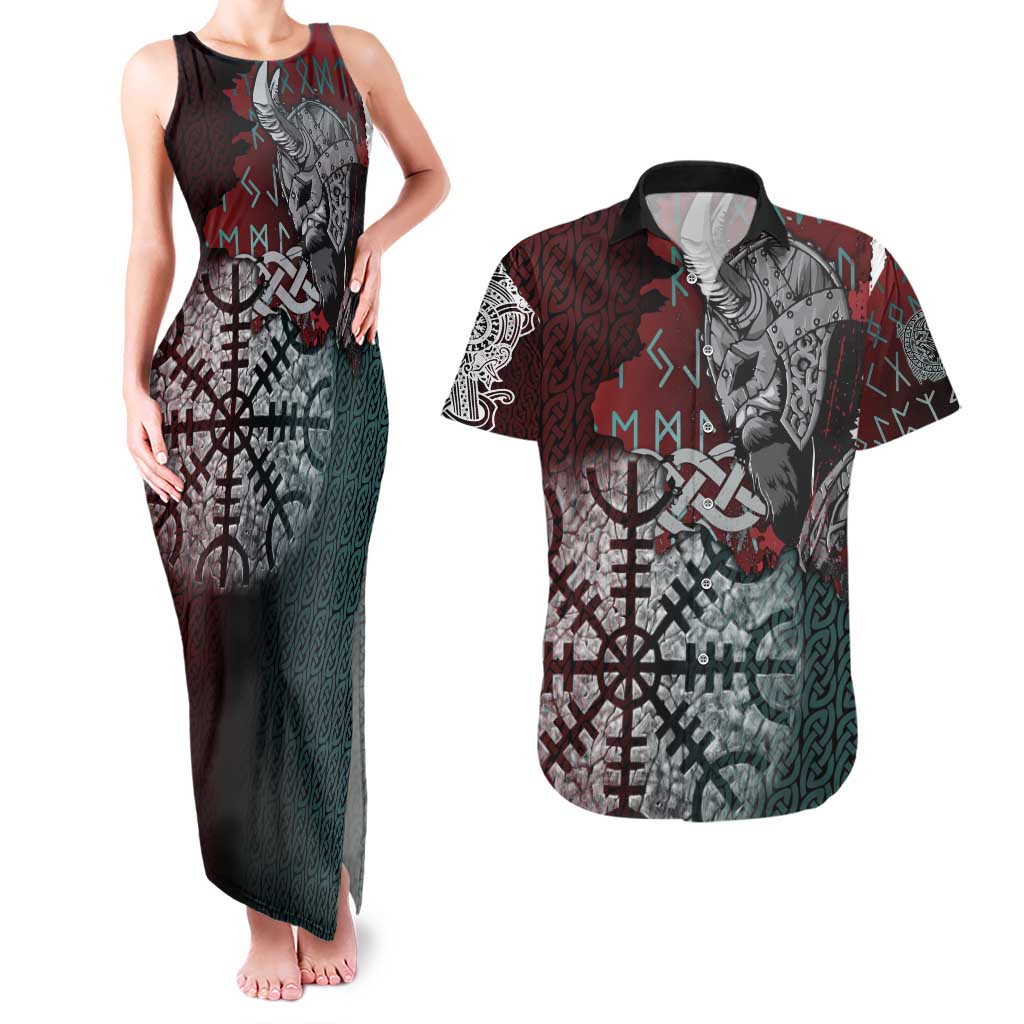 Viking Warrior Couples Matching Tank Maxi Dress and Hawaiian Shirt with Runes and Blood Battle Scene Norse Valor Tribute - Wonder Print Shop