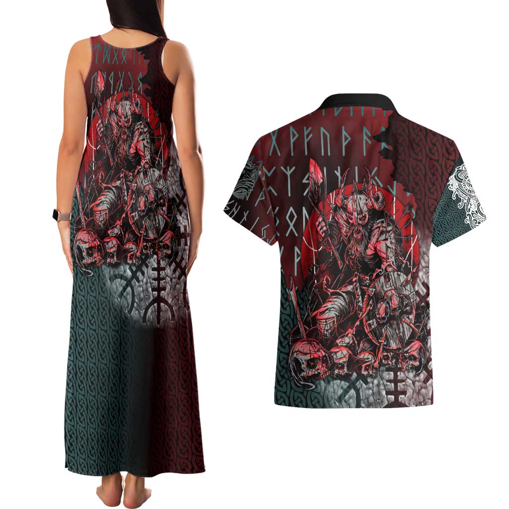Viking Warrior Couples Matching Tank Maxi Dress and Hawaiian Shirt with Runes and Blood Battle Scene Norse Valor Tribute - Wonder Print Shop