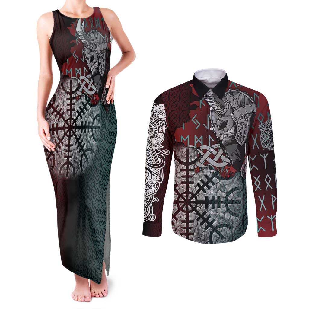 Viking Warrior Couples Matching Tank Maxi Dress and Long Sleeve Button Shirt with Runes and Blood Battle Scene Norse Valor Tribute - Wonder Print Shop