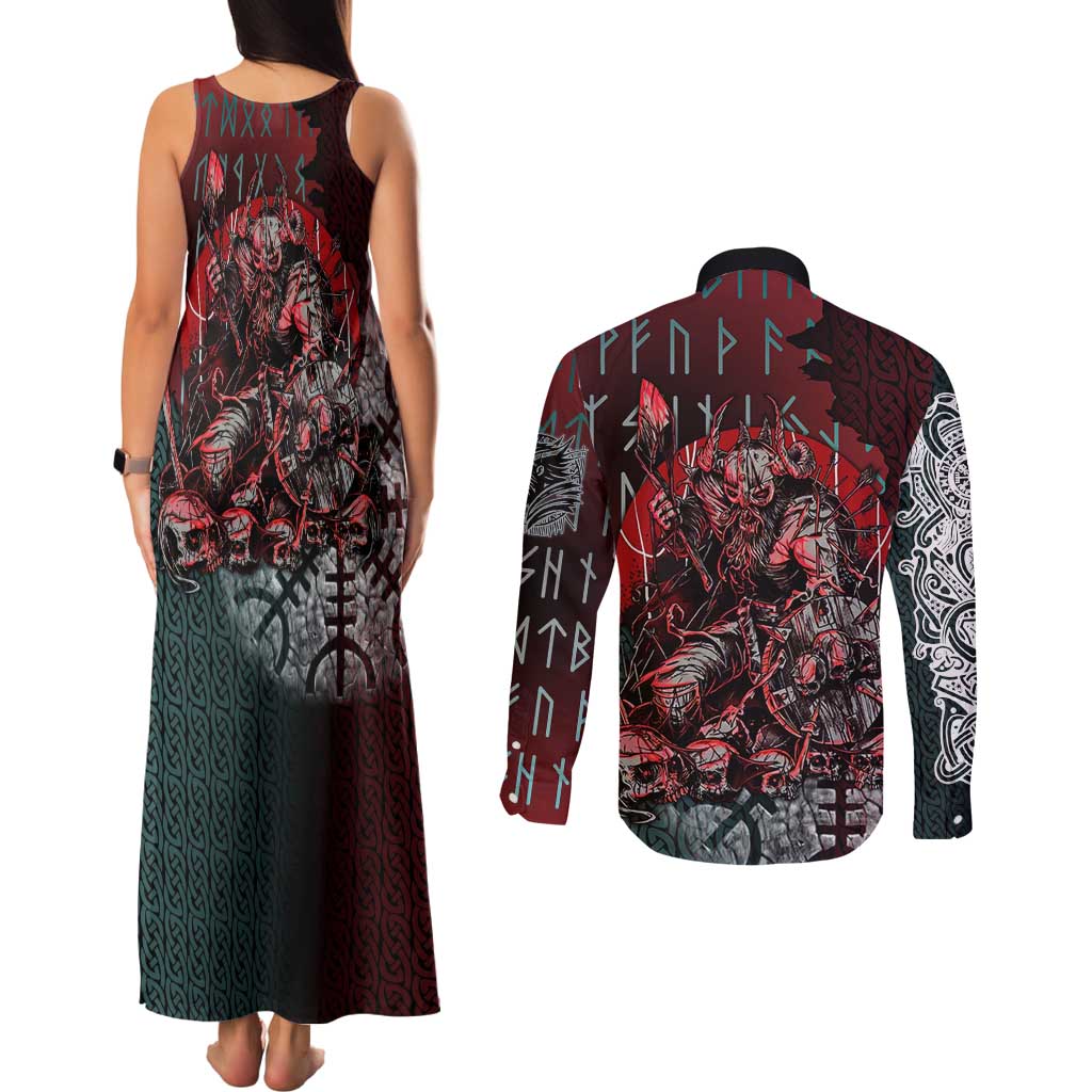 Viking Warrior Couples Matching Tank Maxi Dress and Long Sleeve Button Shirt with Runes and Blood Battle Scene Norse Valor Tribute - Wonder Print Shop