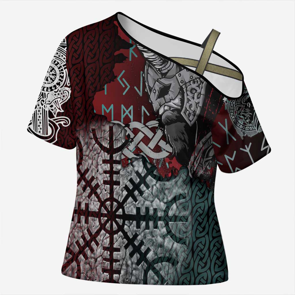 Viking Warrior Cross Shoulder Shirt with Runes and Blood Battle Scene Norse Valor Tribute - Wonder Print Shop