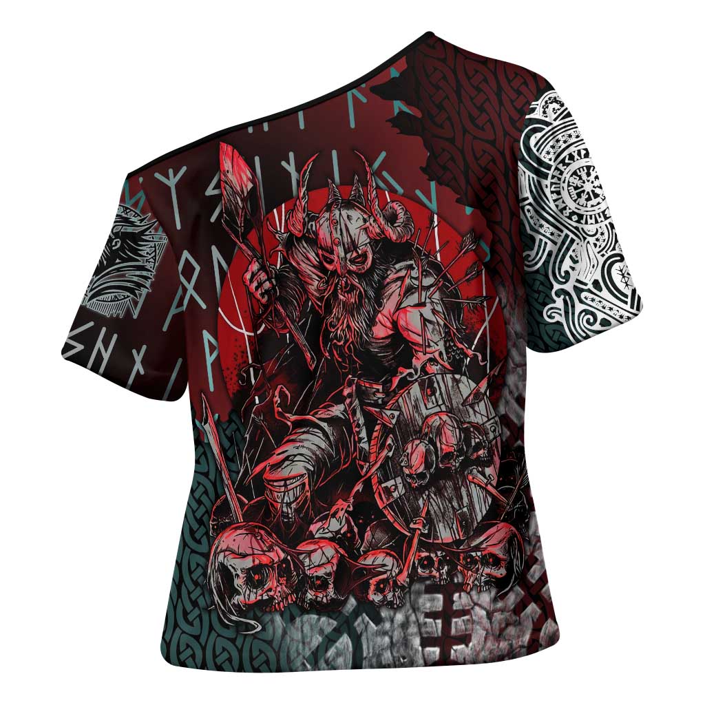 Viking Warrior Cross Shoulder Shirt with Runes and Blood Battle Scene Norse Valor Tribute - Wonder Print Shop