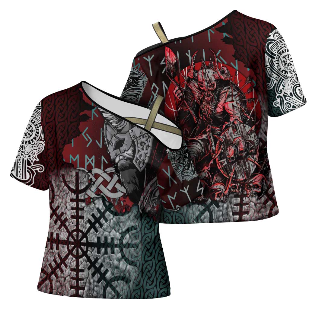 Viking Warrior Cross Shoulder Shirt with Runes and Blood Battle Scene Norse Valor Tribute - Wonder Print Shop