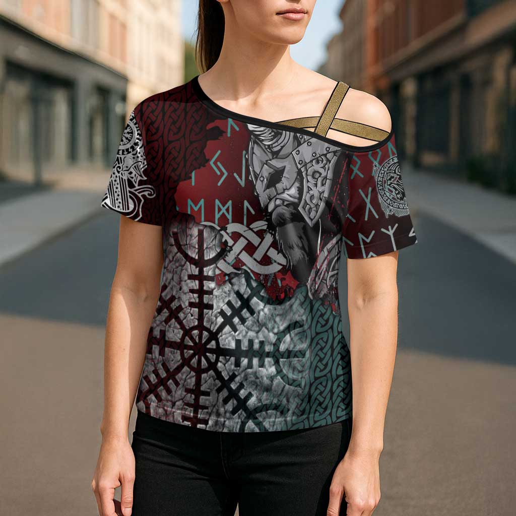 Viking Warrior Cross Shoulder Shirt with Runes and Blood Battle Scene Norse Valor Tribute - Wonder Print Shop