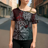 Viking Warrior Cross Shoulder Shirt with Runes and Blood Battle Scene Norse Valor Tribute - Wonder Print Shop