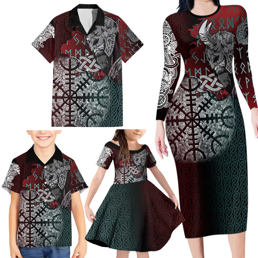 Viking Warrior Family Matching Long Sleeve Bodycon Dress and Hawaiian Shirt with Runes and Blood Battle Scene Norse Valor Tribute - Wonder Print Shop