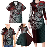 Viking Warrior Family Matching Long Sleeve Bodycon Dress and Hawaiian Shirt with Runes and Blood Battle Scene Norse Valor Tribute - Wonder Print Shop