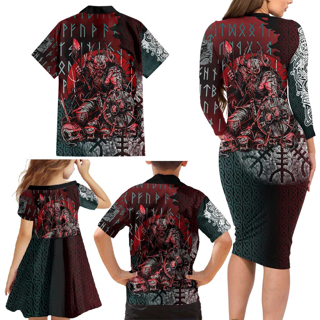 Viking Warrior Family Matching Long Sleeve Bodycon Dress and Hawaiian Shirt with Runes and Blood Battle Scene Norse Valor Tribute - Wonder Print Shop