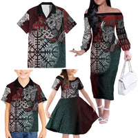 Viking Warrior Family Matching Off The Shoulder Long Sleeve Dress and Hawaiian Shirt with Runes and Blood Battle Scene Norse Valor Tribute - Wonder Print Shop
