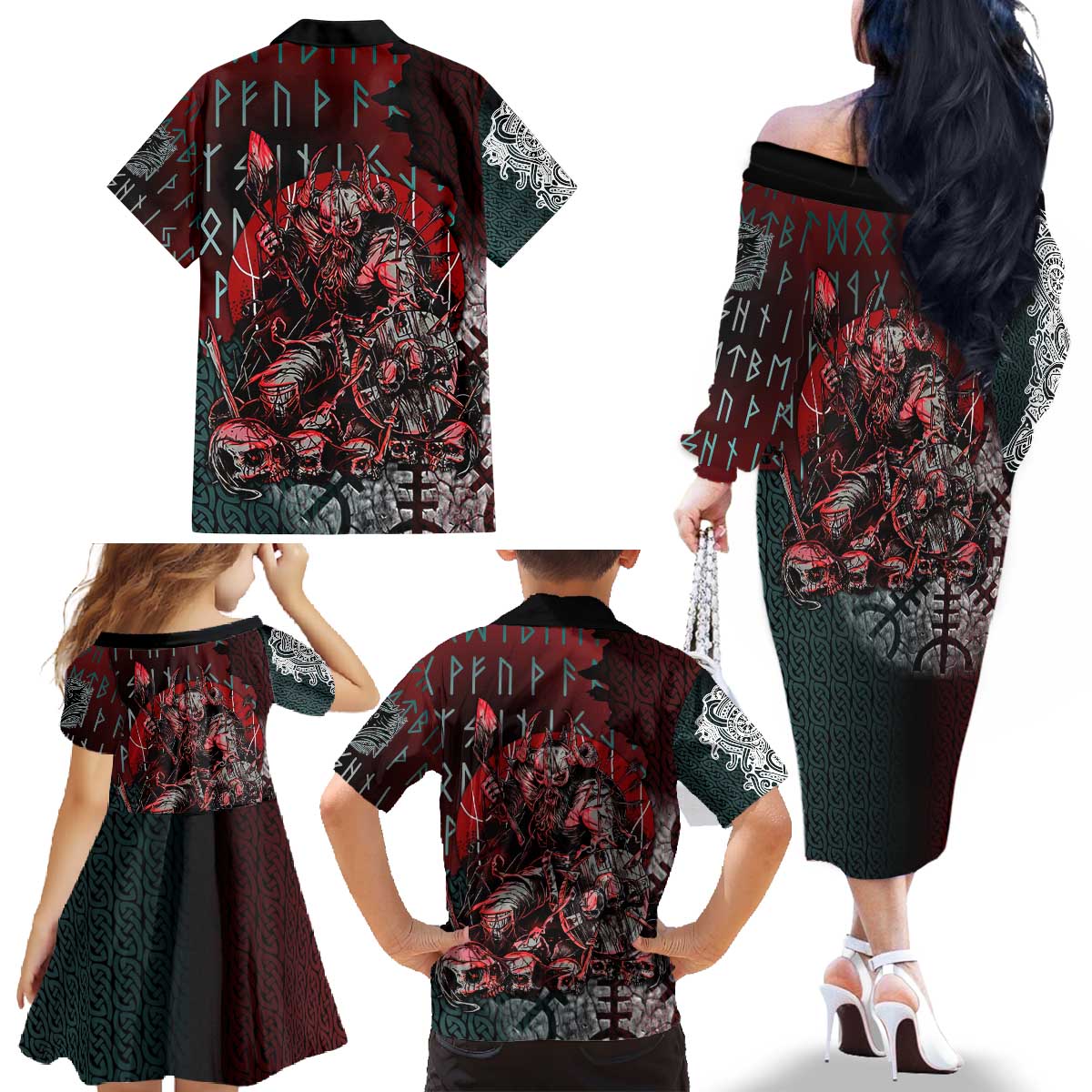 Viking Warrior Family Matching Off The Shoulder Long Sleeve Dress and Hawaiian Shirt with Runes and Blood Battle Scene Norse Valor Tribute - Wonder Print Shop