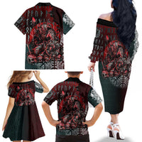 Viking Warrior Family Matching Off The Shoulder Long Sleeve Dress and Hawaiian Shirt with Runes and Blood Battle Scene Norse Valor Tribute - Wonder Print Shop