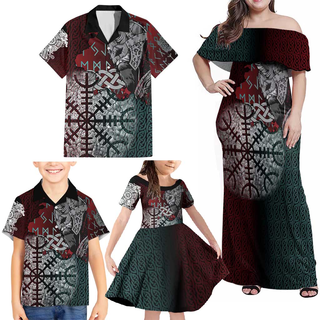 Viking Warrior Family Matching Off Shoulder Maxi Dress and Hawaiian Shirt with Runes and Blood Battle Scene Norse Valor Tribute - Wonder Print Shop
