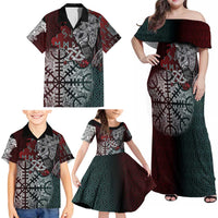 Viking Warrior Family Matching Off Shoulder Maxi Dress and Hawaiian Shirt with Runes and Blood Battle Scene Norse Valor Tribute - Wonder Print Shop