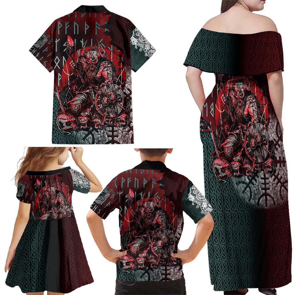 Viking Warrior Family Matching Off Shoulder Maxi Dress and Hawaiian Shirt with Runes and Blood Battle Scene Norse Valor Tribute - Wonder Print Shop