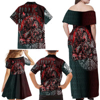 Viking Warrior Family Matching Off Shoulder Maxi Dress and Hawaiian Shirt with Runes and Blood Battle Scene Norse Valor Tribute - Wonder Print Shop